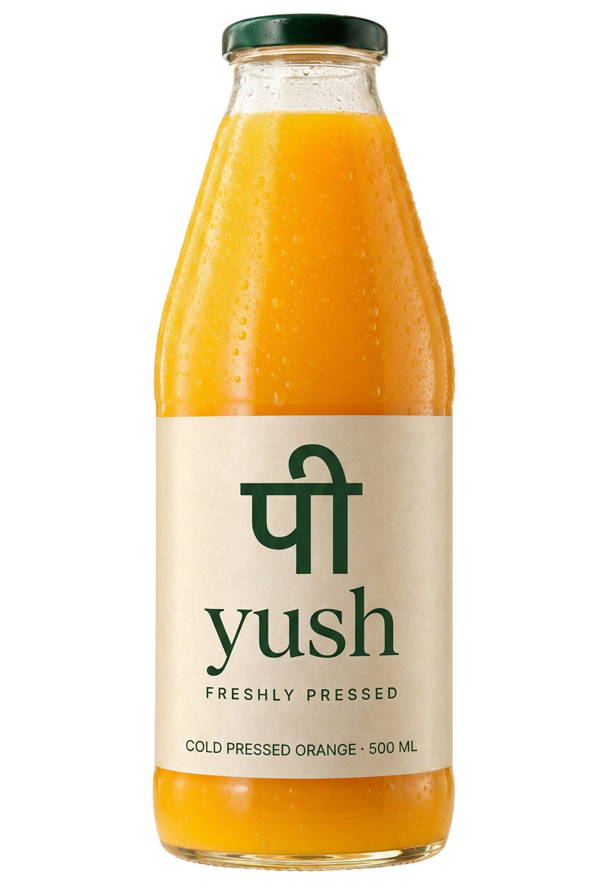 PEEYUSH glass bottle of freshly pressed orange juice